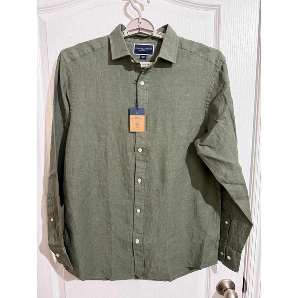 Charles Tyrwhitt Olive Linen Long-Sleeve Button-Down Shirt